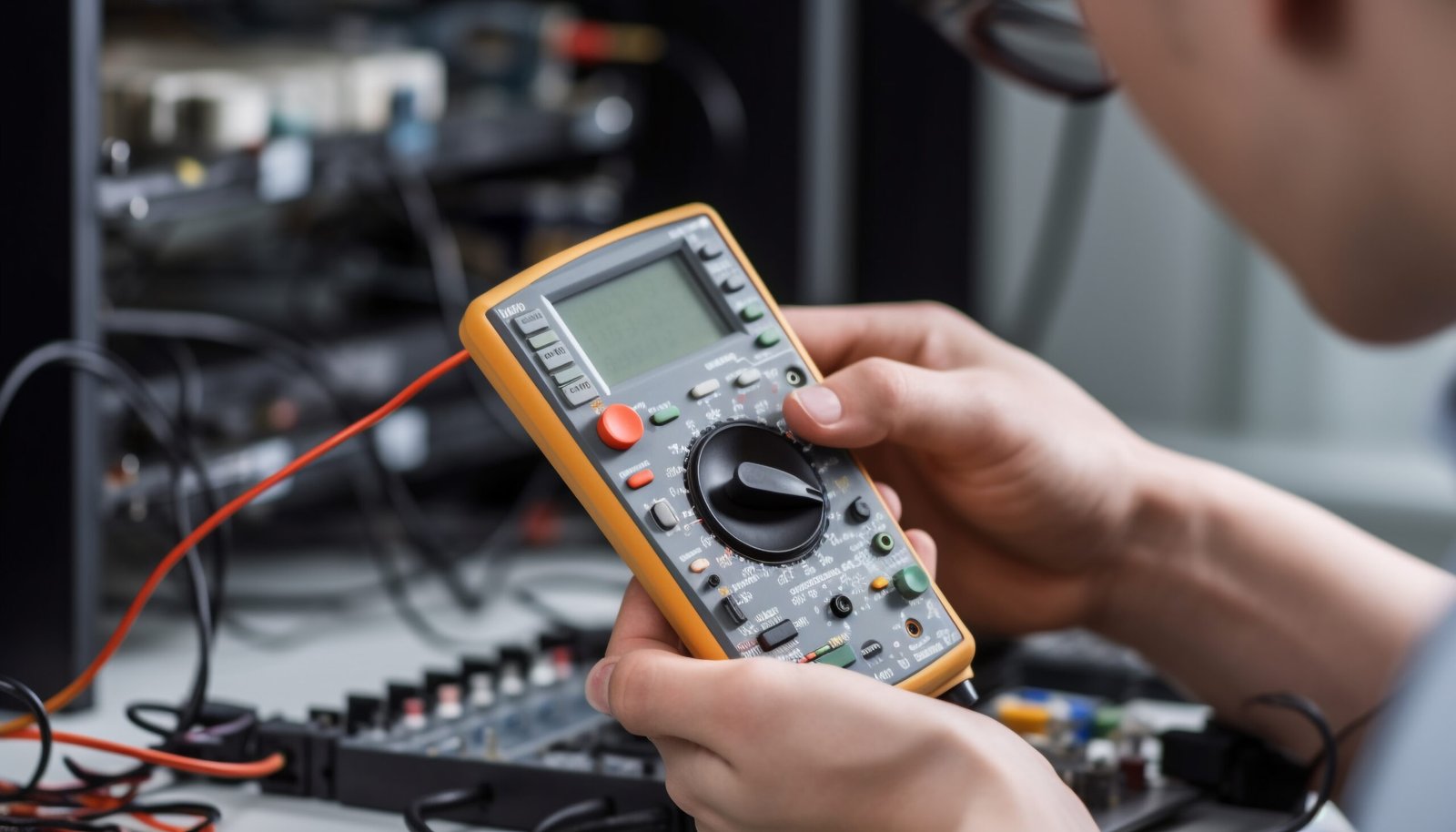 Caucasian electrician holding multimeter, repairing electrical equipment with expertise generated by artificial intelligence